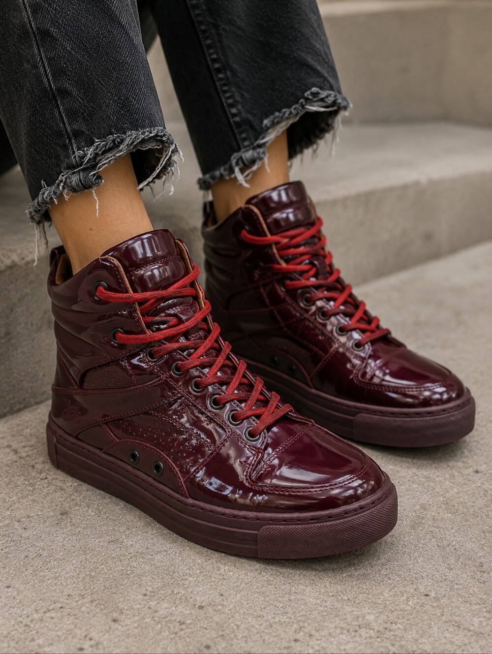 John Fluevog High-Top Patent Sneakers in Burgundy with Red Laces